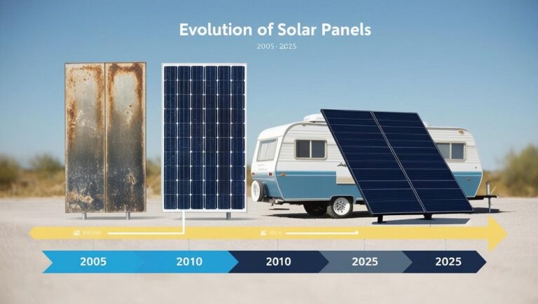 Timeline graphic showing solar panel evolution from 2005 to 2025, old panels on the left, sleek new ones on the right, RV in background